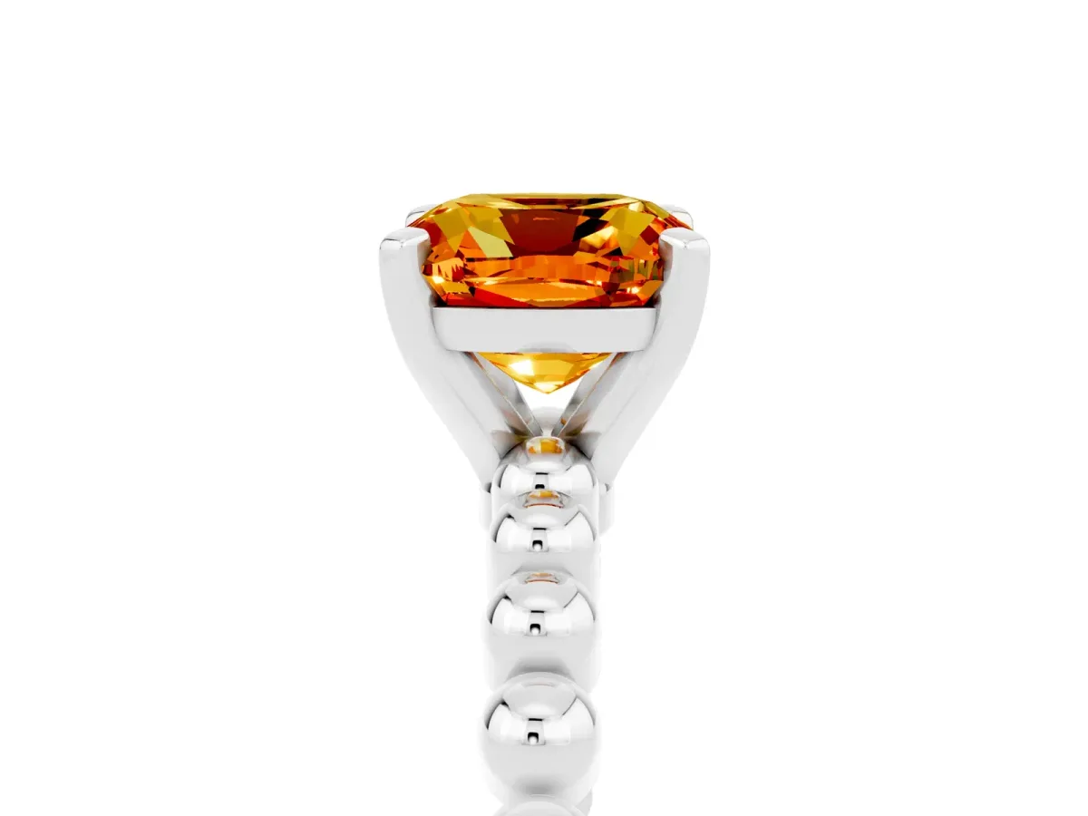 Cushion Cut Citrine Solitaire Ring with Beaded Band and Prong Setting Platinum