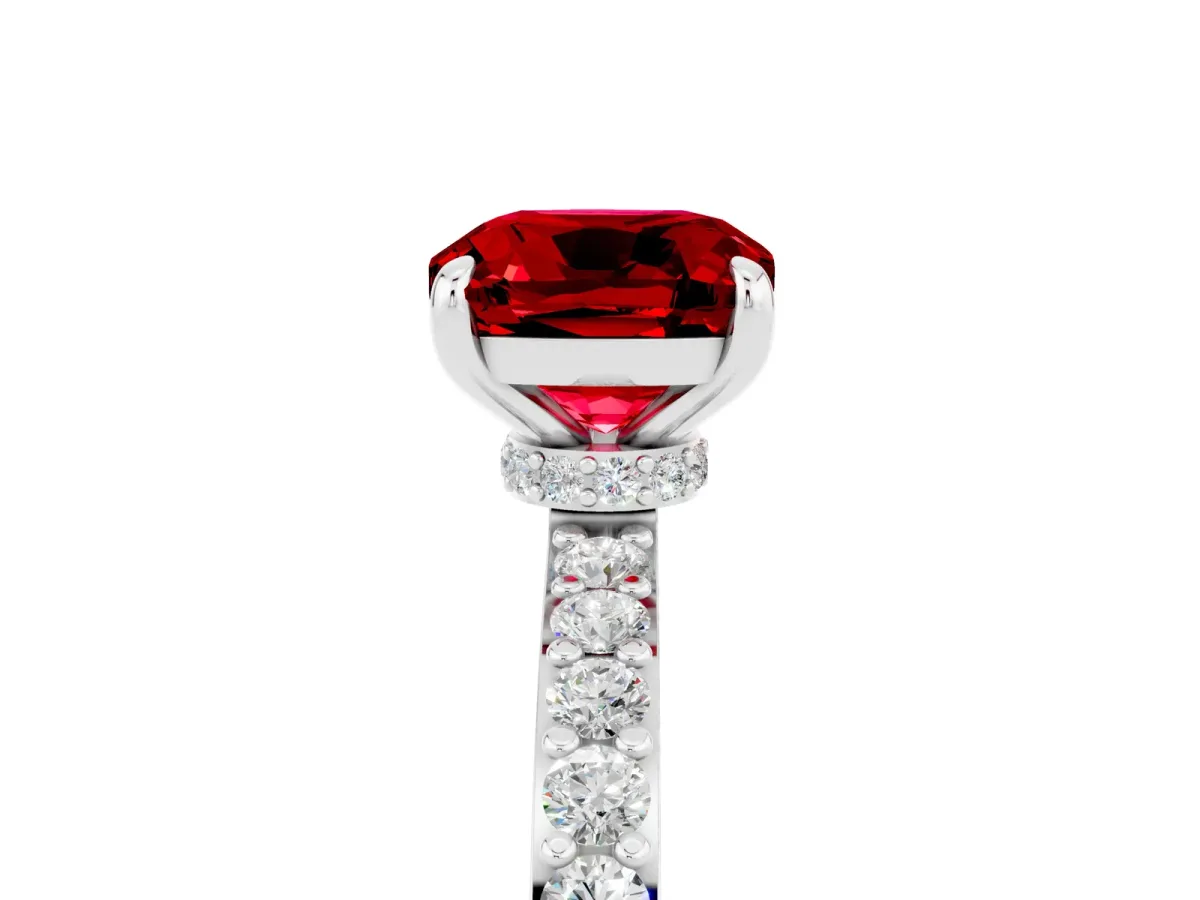 Cushion Cut Ruby Solitaire Engagement Ring with Pavé Band and Four-Prong Setting Silver
