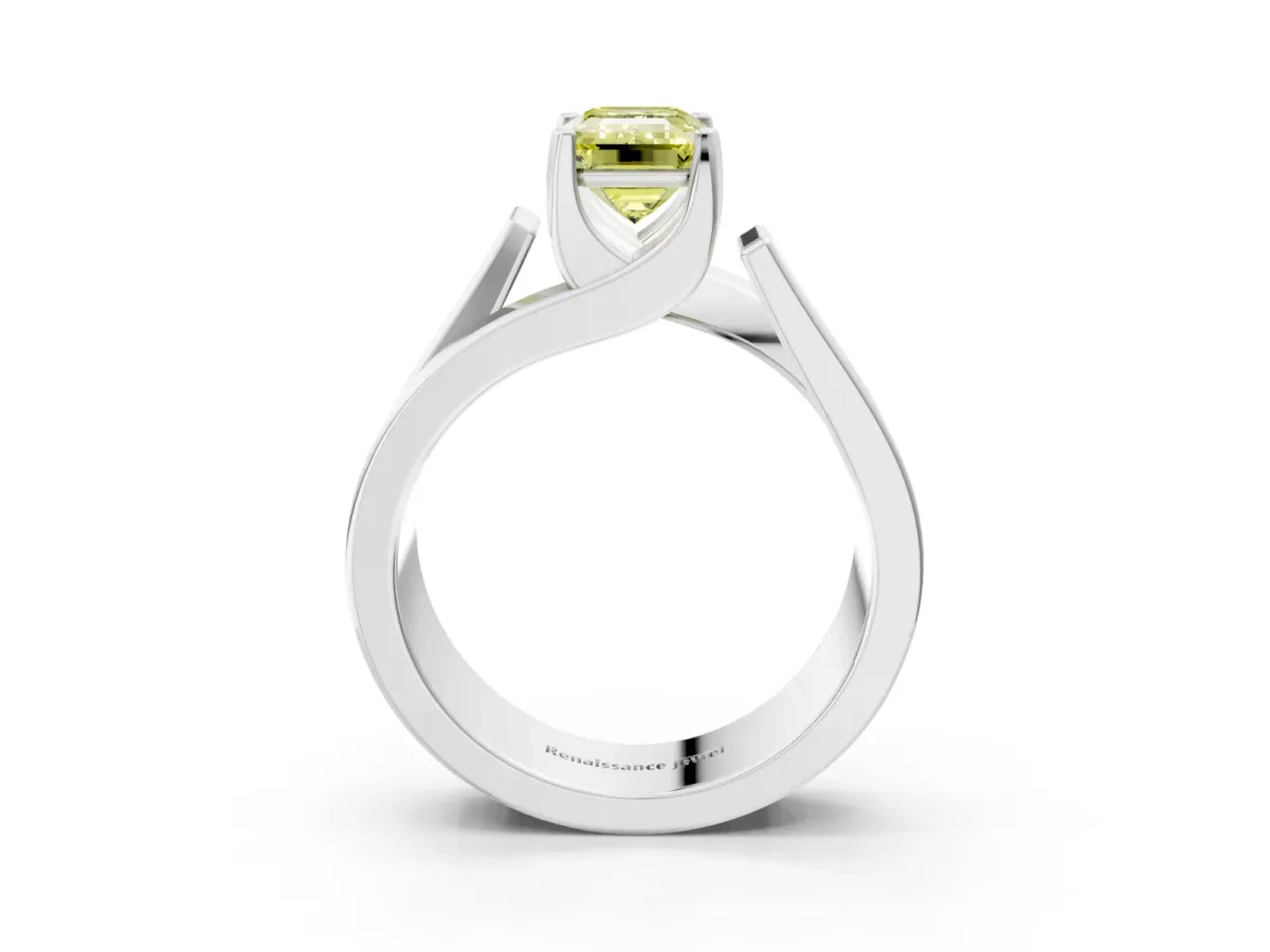 Fancy Yellow Modern Tension Set Emerald Cut Diamond Solitaire Wide Band Ring Platinum