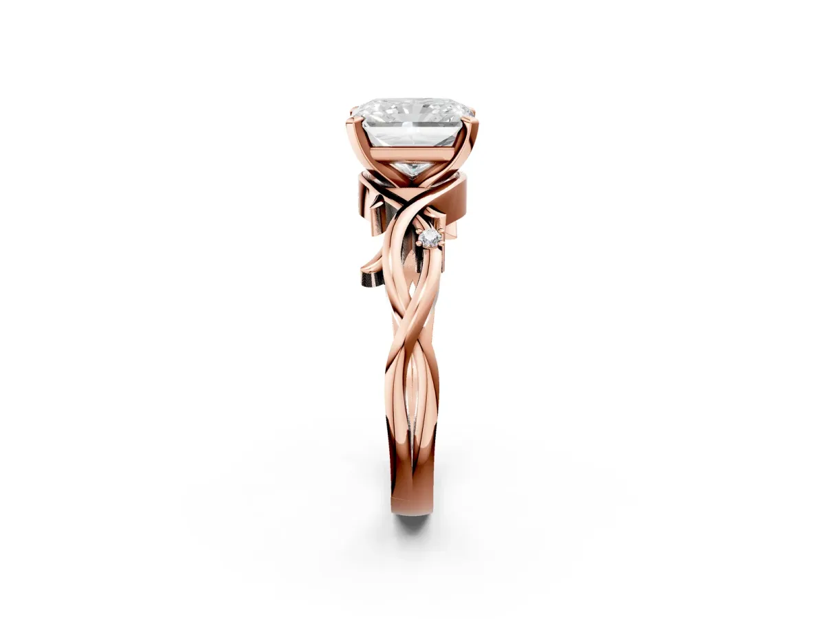 Radiant Cut Diamond Solitaire Ring with Twisted Band and Prong Setting Rose gold