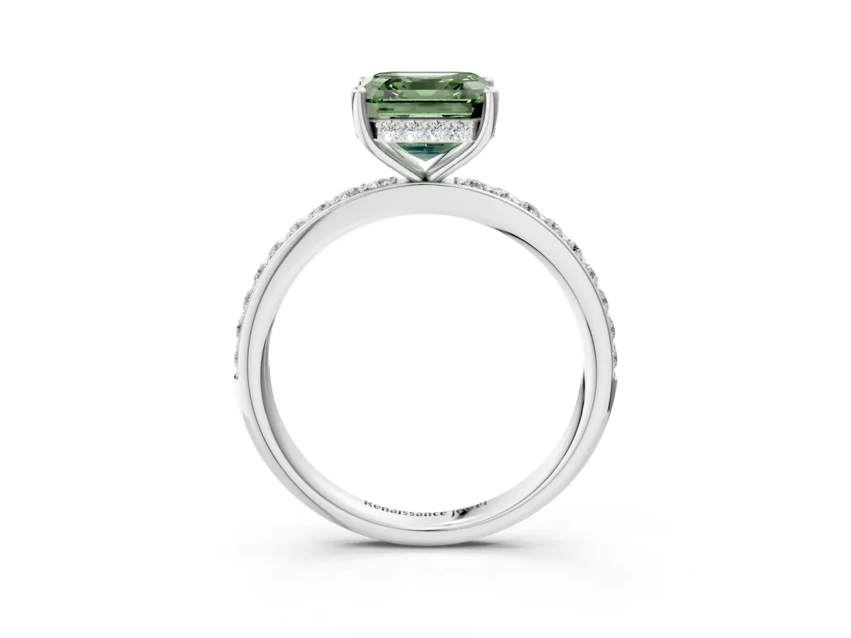 Fancy Green Asscher Cut Cut Diamond Pavé Band Ring with Four-Prong Setting Platinum