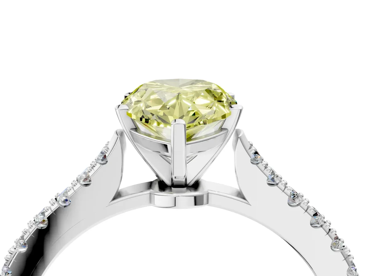 Fancy Yellow Pear Cut Cut Solitaire Diamond Engagement Ring with Pave Band and Four-Prong Setting Silver