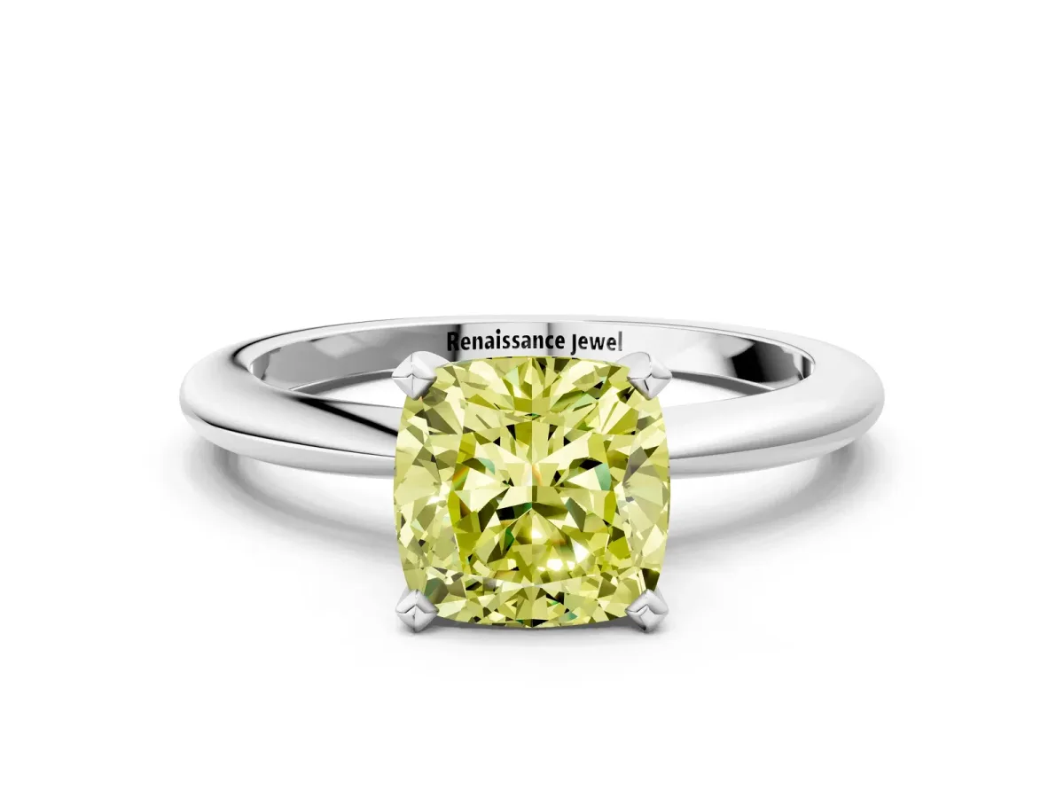 Fancy Yellow Cushion Cut Diamond Solitaire Ring with Six-Prong Setting and Classic Band Silver