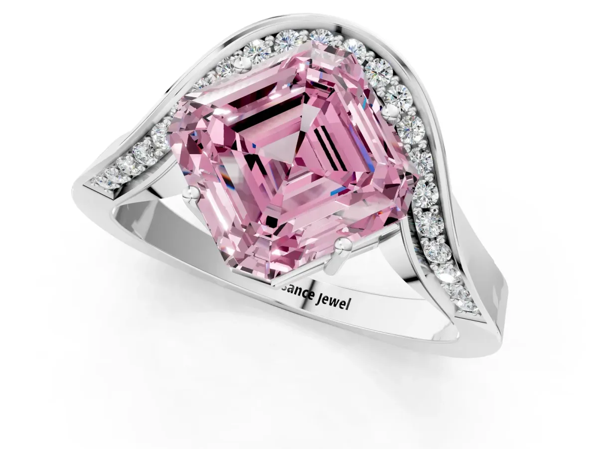 Fancy Pink Asscher Cut Solitaire Diamond Engagement Ring with Pave Band and Four-Prong Setting Silver
