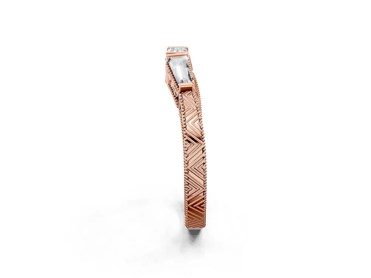 Baguette Cut Channel Set Milgrain Band with V-Prong Setting Rose gold