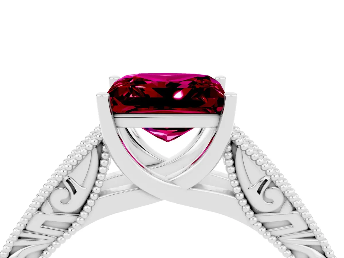 Princess Cut Garnet Solitaire Ring with Engraved Band and Four-Prong Setting White gold
