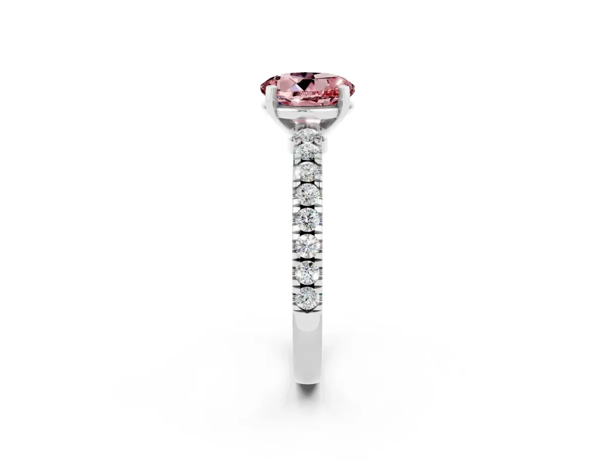 Round Cut Solitaire Morganite with Pavé Band and Four-Prong Setting Silver