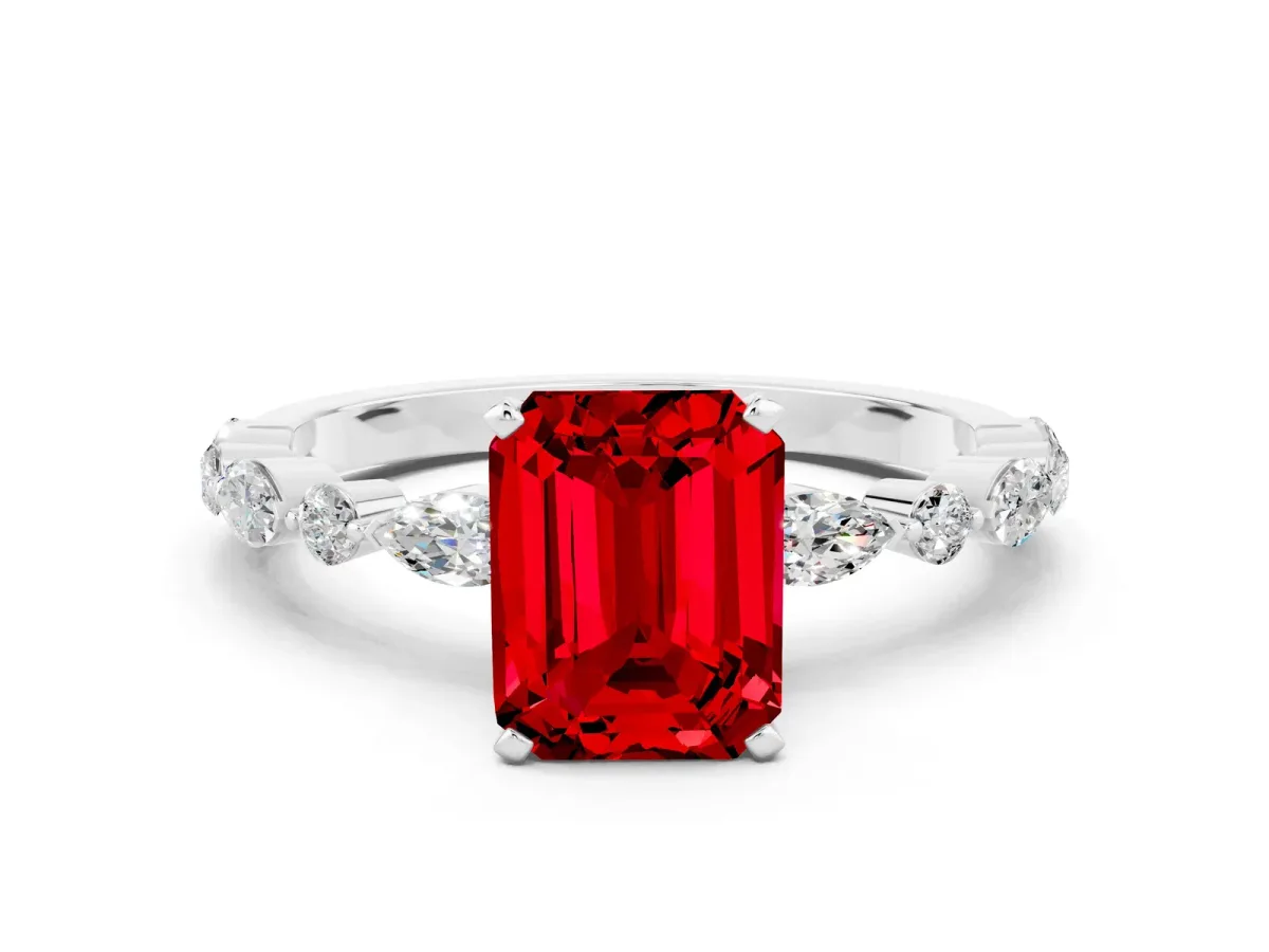 Emerald Cut Ruby Ring with Marquise and Round Side Stones and Four-Prong Setting Platinum