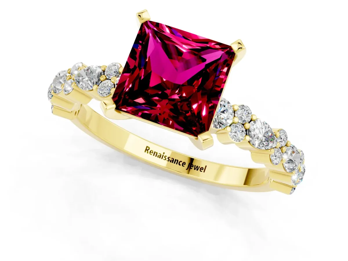 Princess Cut Garnet Side Stone Solitaire Ring with Round and Four-Prong Setting Yellow gold