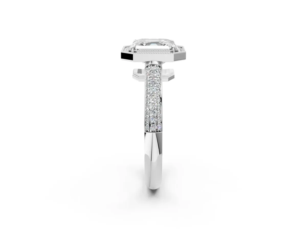 Asscher Cut Cut Halo Diamond Pave Band with Four-Prong Setting Platinum