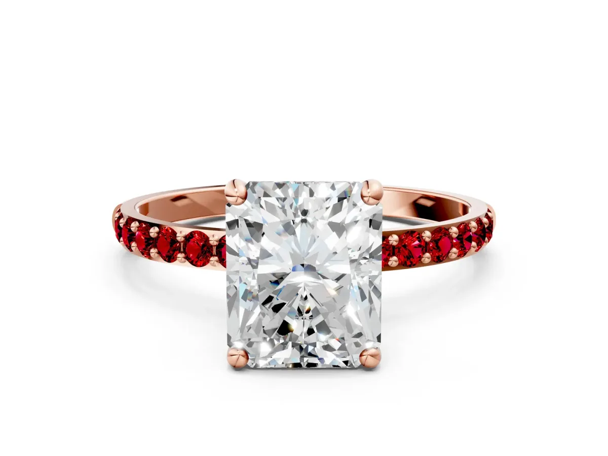 Radiant Cut Diamond Solitaire Ring with Round Ruby Pavé Band and Prong Setting Rose gold
