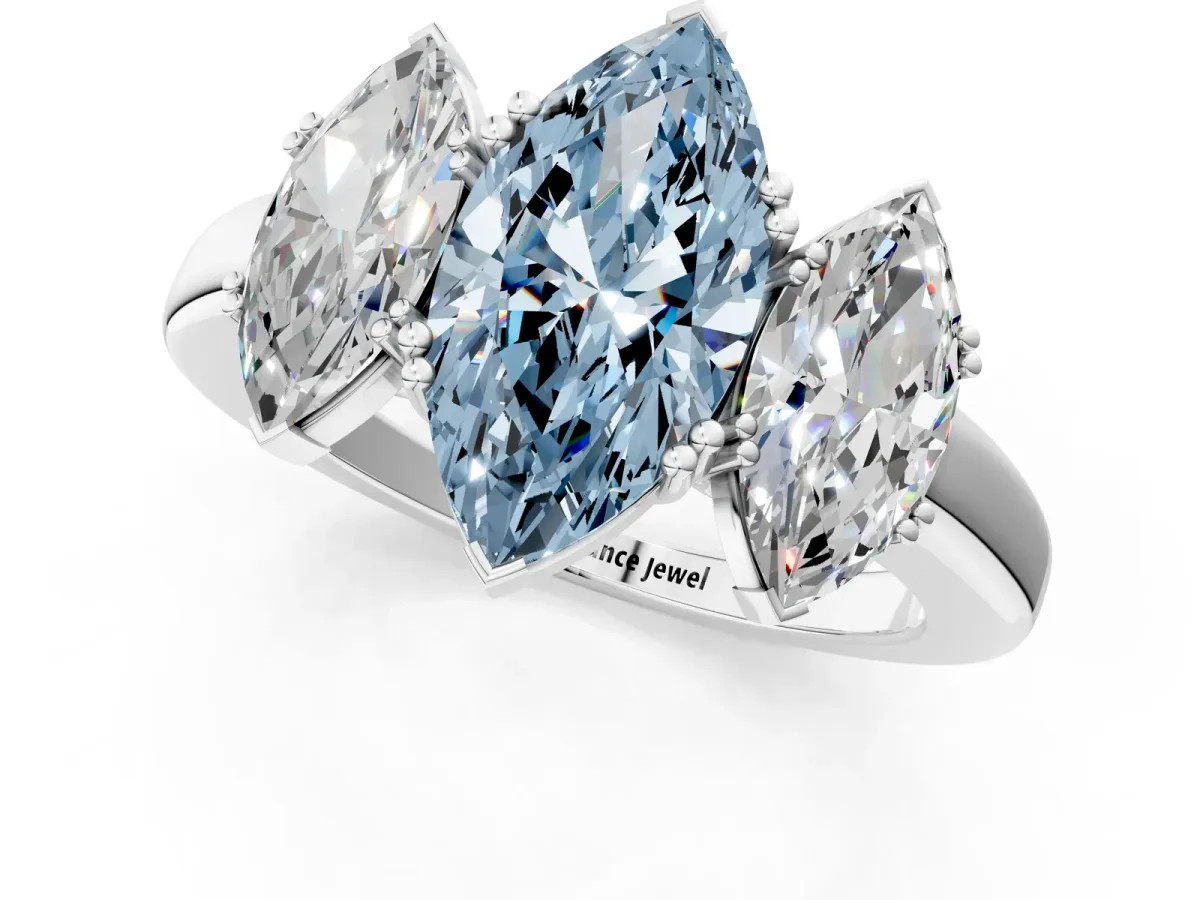 Fancy Blue Three-Stone Marquise Cut Cut Diamond Ring with Channel Set Band and Four-Prong Setting Platinum