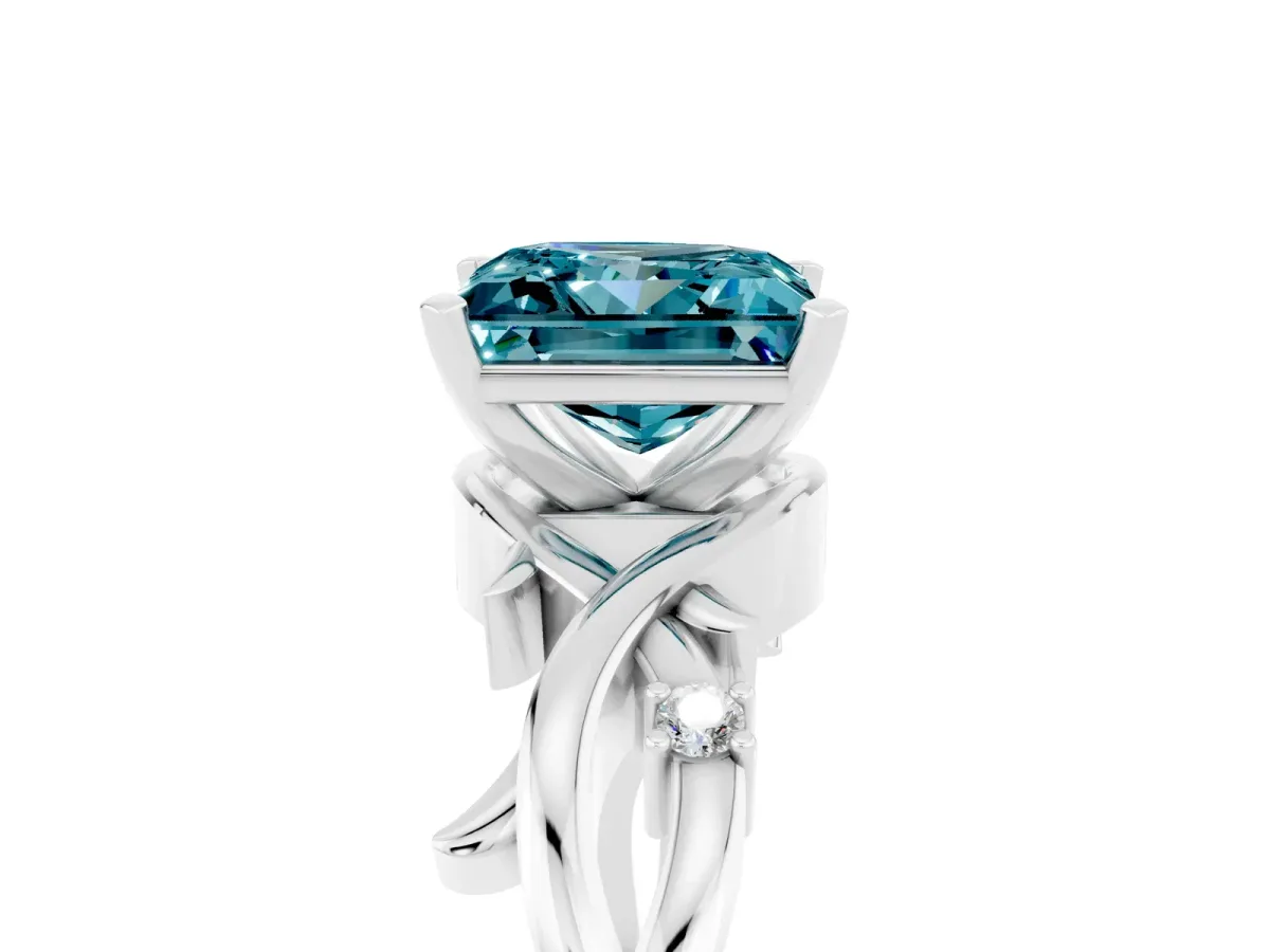 Princess Cut Blue Topaz Solitaire Ring with Twisted Band and Prong Setting Silver