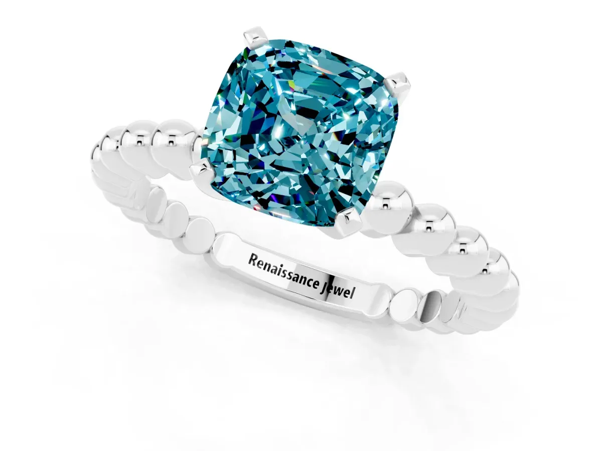 Cushion Cut Blue Topaz Solitaire Ring with Beaded Band and Prong Setting Silver
