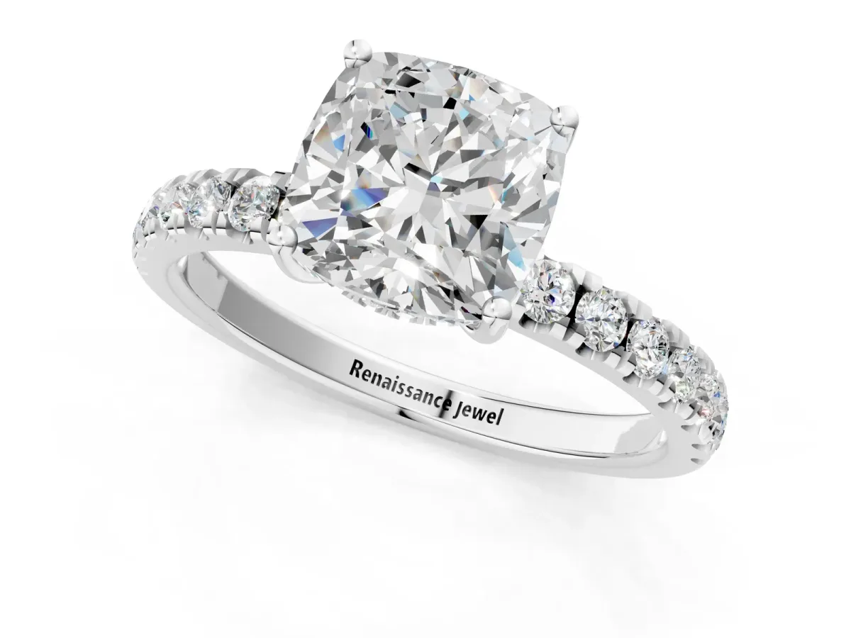 Cushion Cut Diamond Pave Band Solitaire Ring with Round Moissanite and Prong Setting Silver