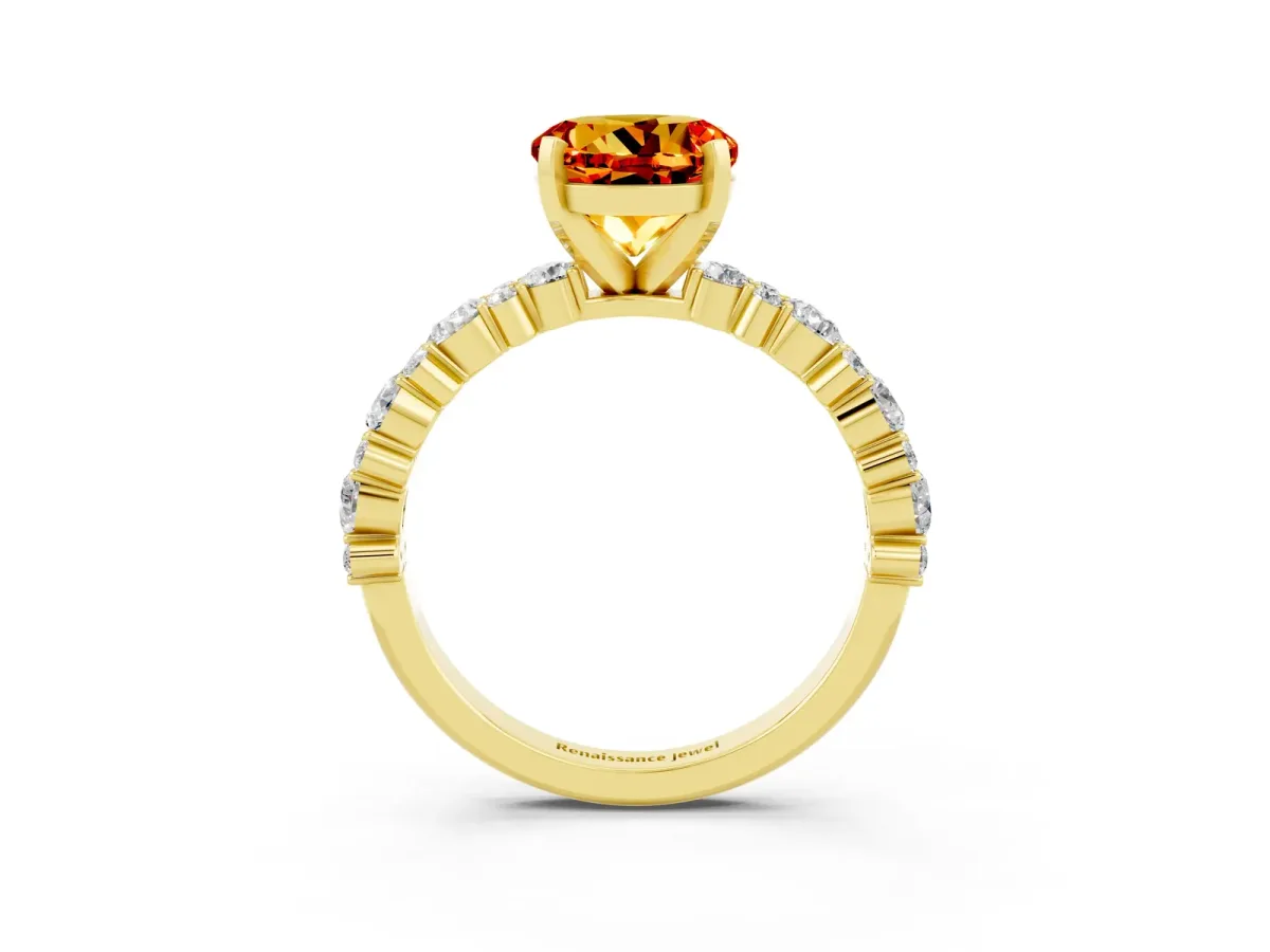 Round Cut Citrine Side Stone Solitaire Ring with Round and Four-Prong Setting Yellow gold
