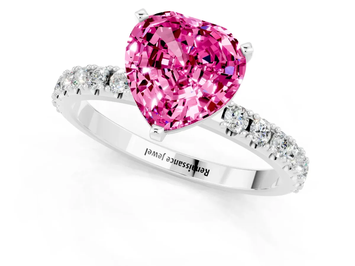 Heart Cut Pink Sapphire Solitaire Pavé Band with Four-Prong Setting Silver