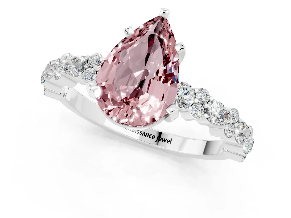 Pear Cut Morganite Side Stone Solitaire Ring with Round and Four-Prong Setting Platinum