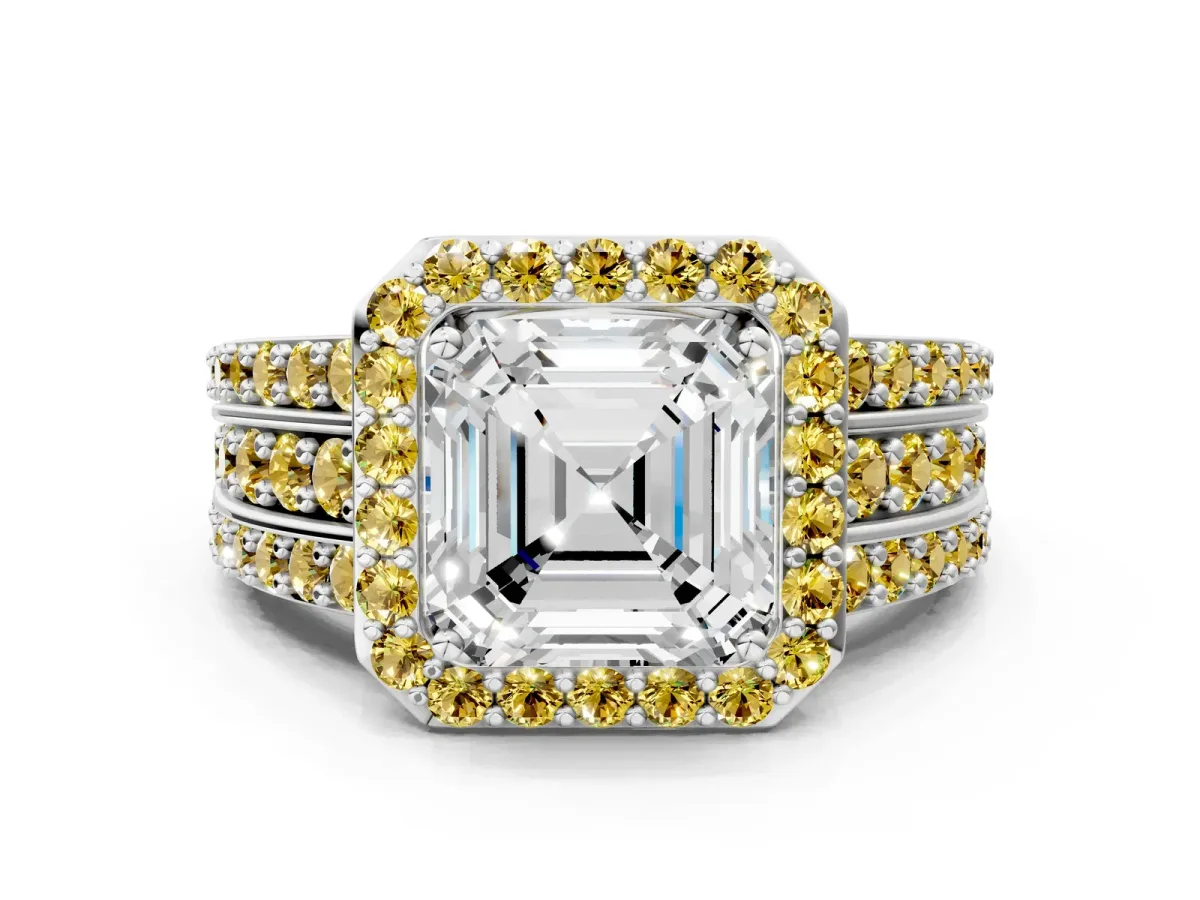Asscher Cut Halo Diamond Ring with Round Yellow Sapphire Split Shank and Prong Setting Silver