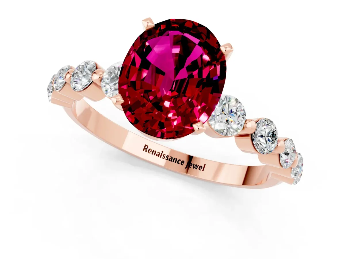 Oval Cut Solitaire Garnet Ring with Pave Band and Four-Prong Setting Rose gold