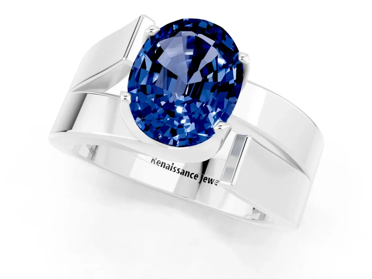 Modern Tension Set Oval Cut Blue Sapphire Solitaire Wide Band Ring Silver