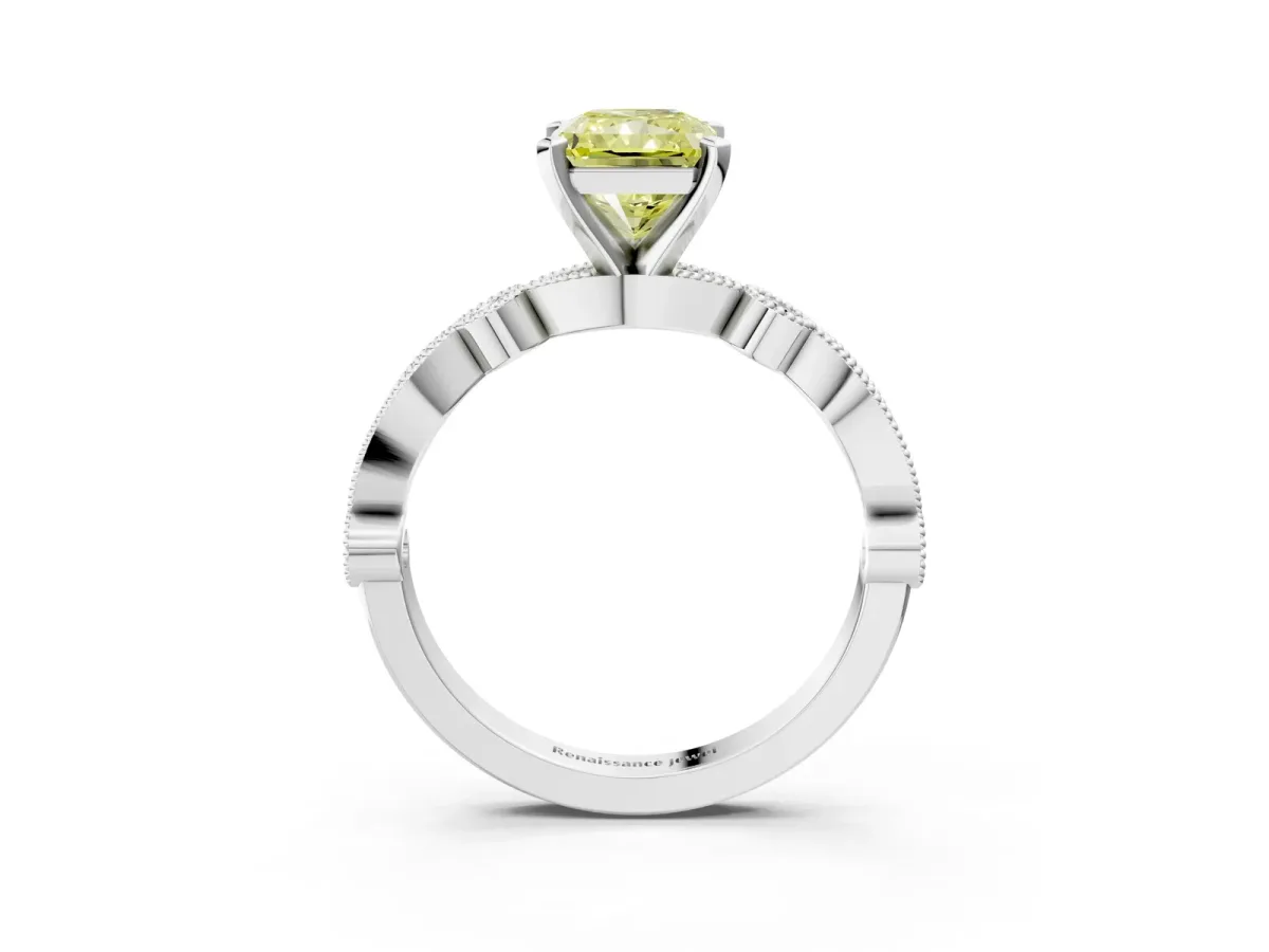 Fancy Yellow Radiant Cut Milgrain Bezel Diamond Engagement Ring with Solitaire Prong Setting Platinum