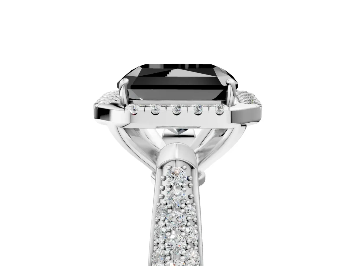 Fancy Black Radiant Cut Halo Diamond Ring with Pavé Band Platinum