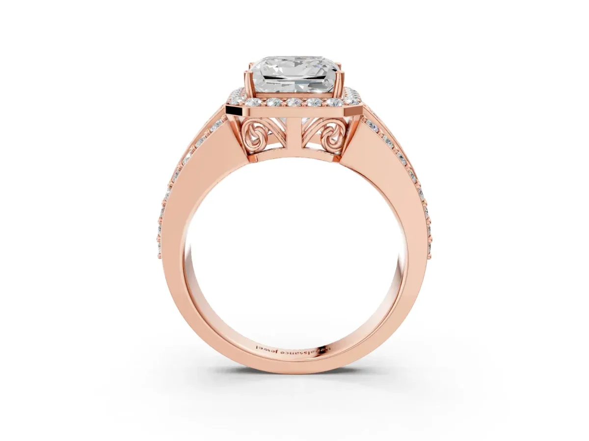 Princess Cut Halo Diamond Ring with Round Split Shank and Prong Setting Rose gold