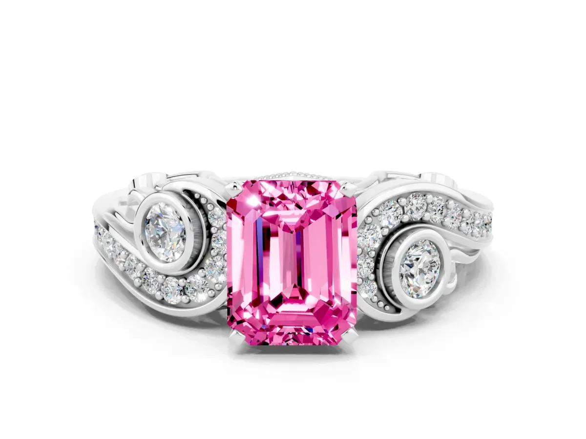 Emerald Cut Pink Sapphire Solitaire Ring with Milgrain Pavé Band and Four-Prong Setting Silver