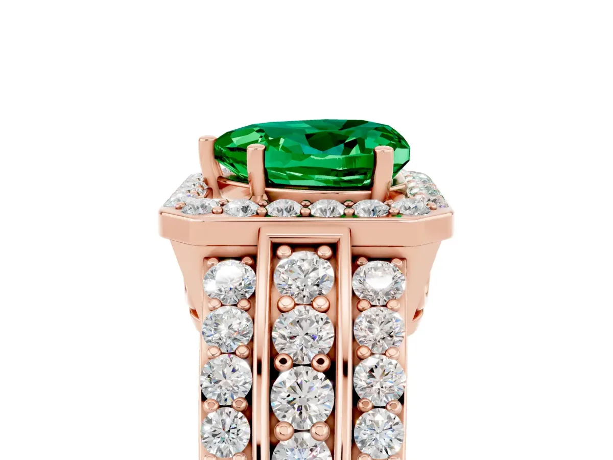 Heart Cut Halo Emerald Ring with Round Split Shank and Prong Setting Rose gold