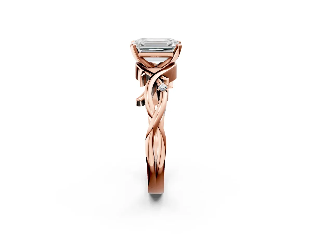 Emerald Cut Diamond Solitaire Ring with Twisted Band and Prong Setting Rose gold
