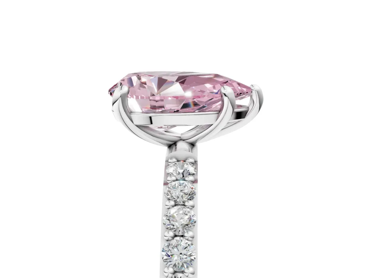 Fancy Pink Pear Cut Diamond Solitaire Ring with Round Pavé Band and Prong Setting Silver