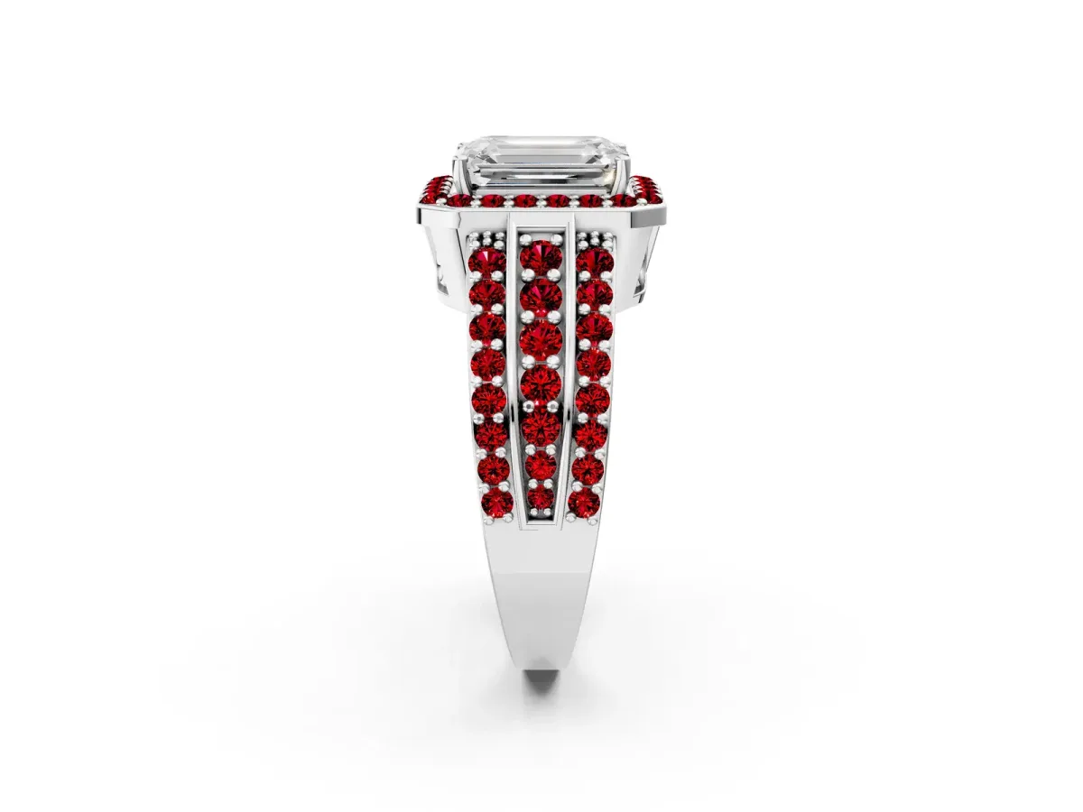 Emerald Cut Halo Diamond Ring with Round Ruby Split Shank and Prong Setting Platinum
