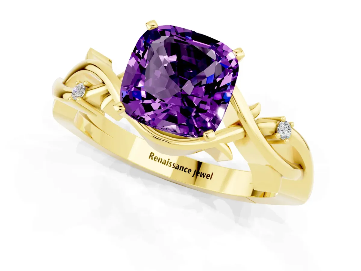 Cushion Cut Amethyst Solitaire Ring with Twisted Band and Prong Setting Yellow gold