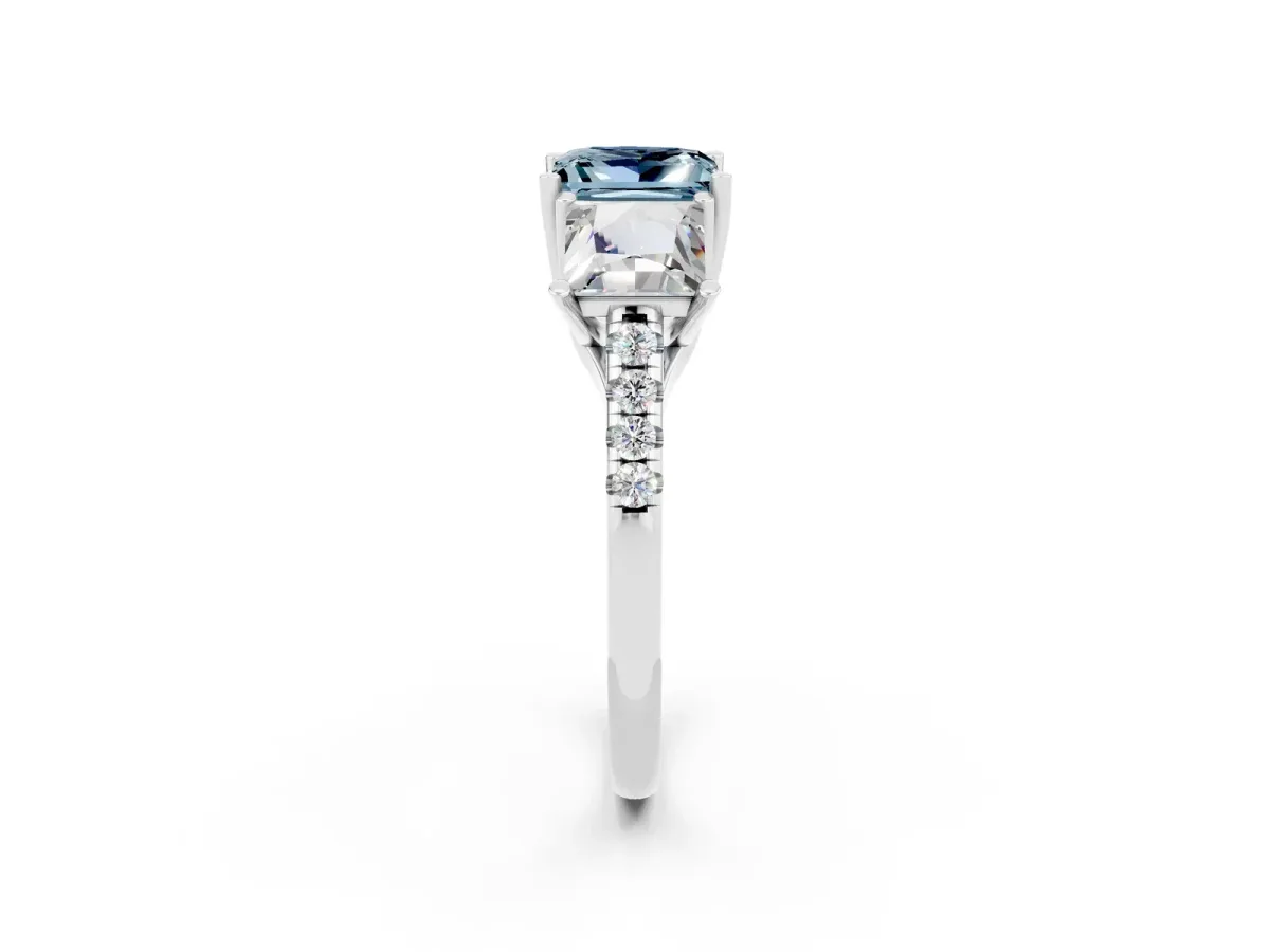Three-Stone Princess Cut Aquamarine Ring with Round Pavé Band and Prong Setting Silver