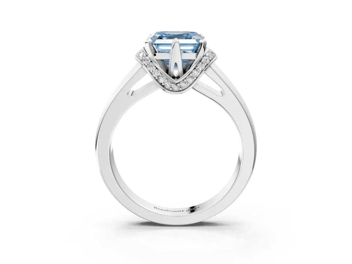 Fancy Blue Asscher Cut Solitaire Diamond Ring with Pave Band and Six-Prong Setting White gold
