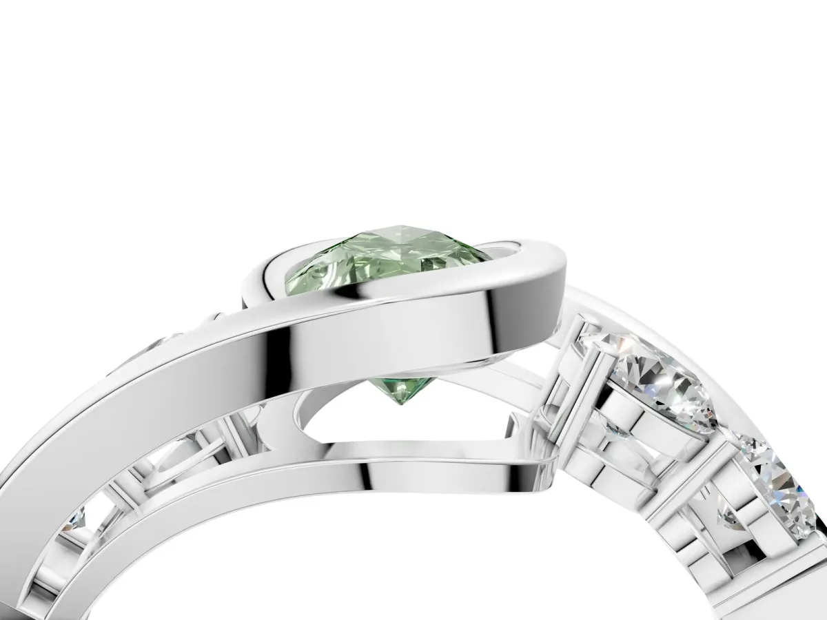 Fancy Green Bezel Set Pear Cut Diamond Bypass Ring with Round Accents Silver