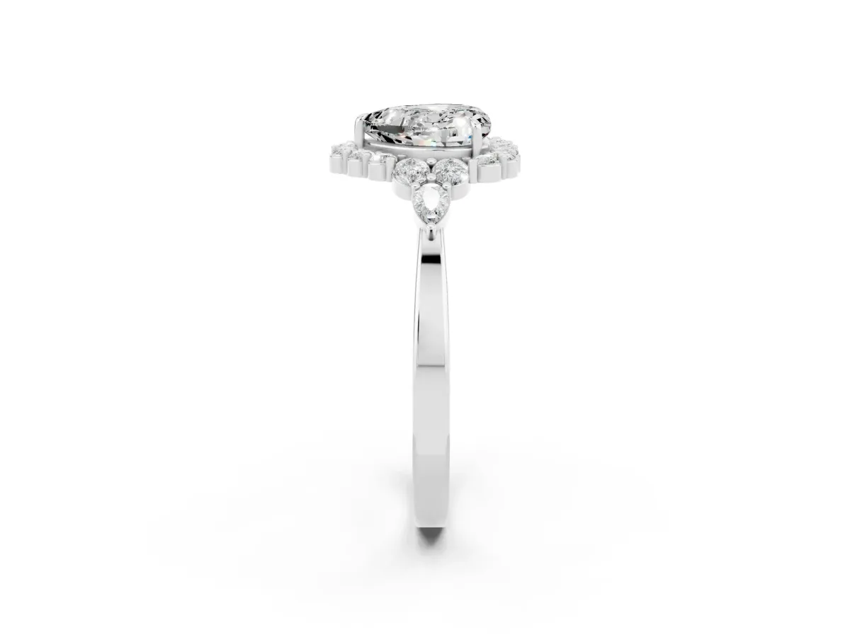 Heart Cut Moissanite Halo Ring with Pear Side Stones and Prong Setting Silver