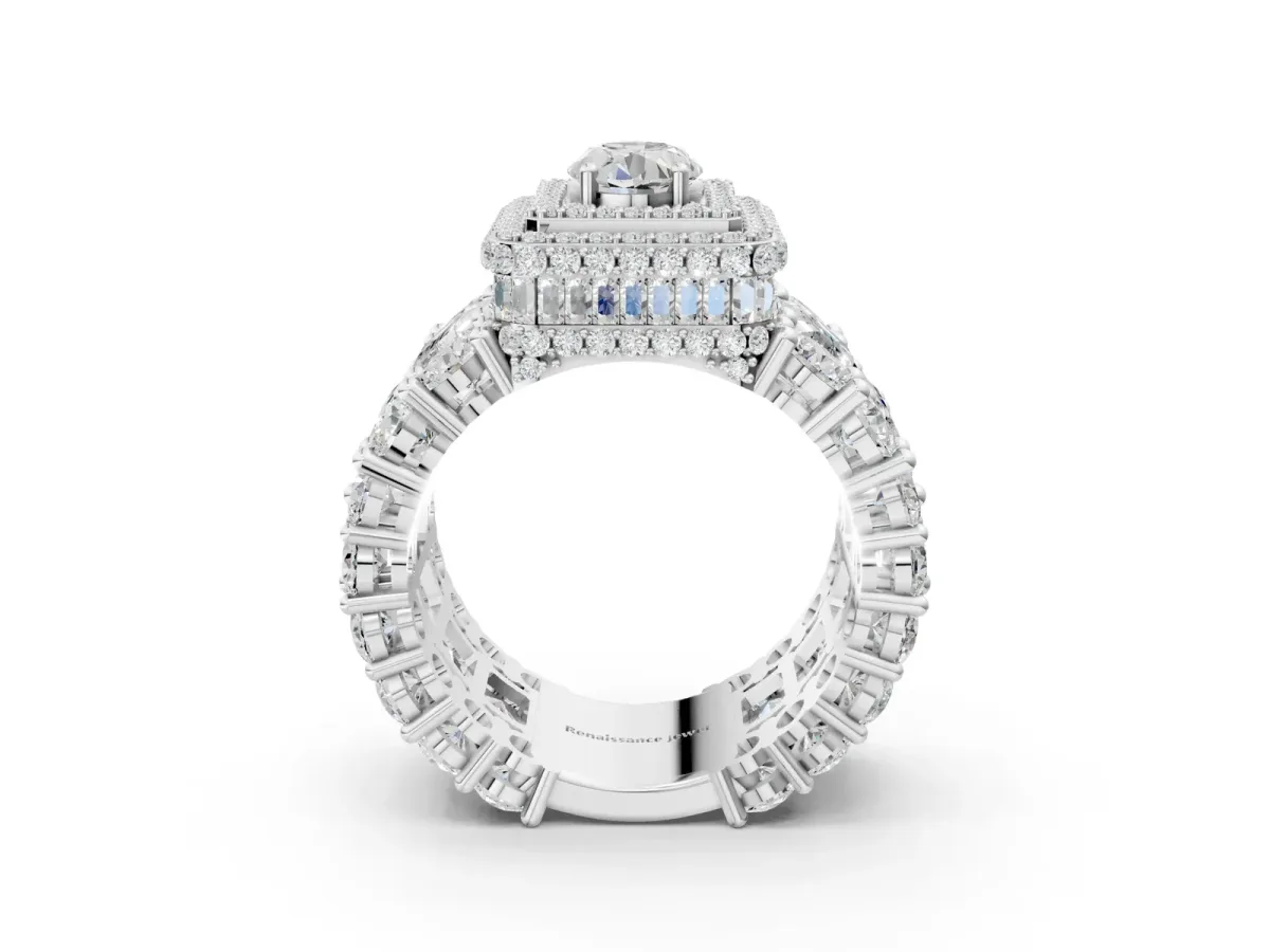 Oval Diamond Halo Mens Ring with Baguette Side Stones Silver