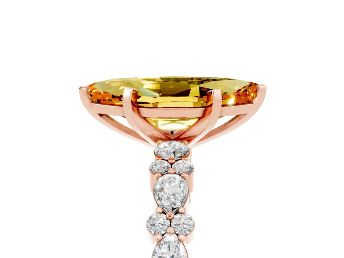 Marquise Cut Citrine Side Stone Solitaire Ring with Round and Four-Prong Setting Rose gold