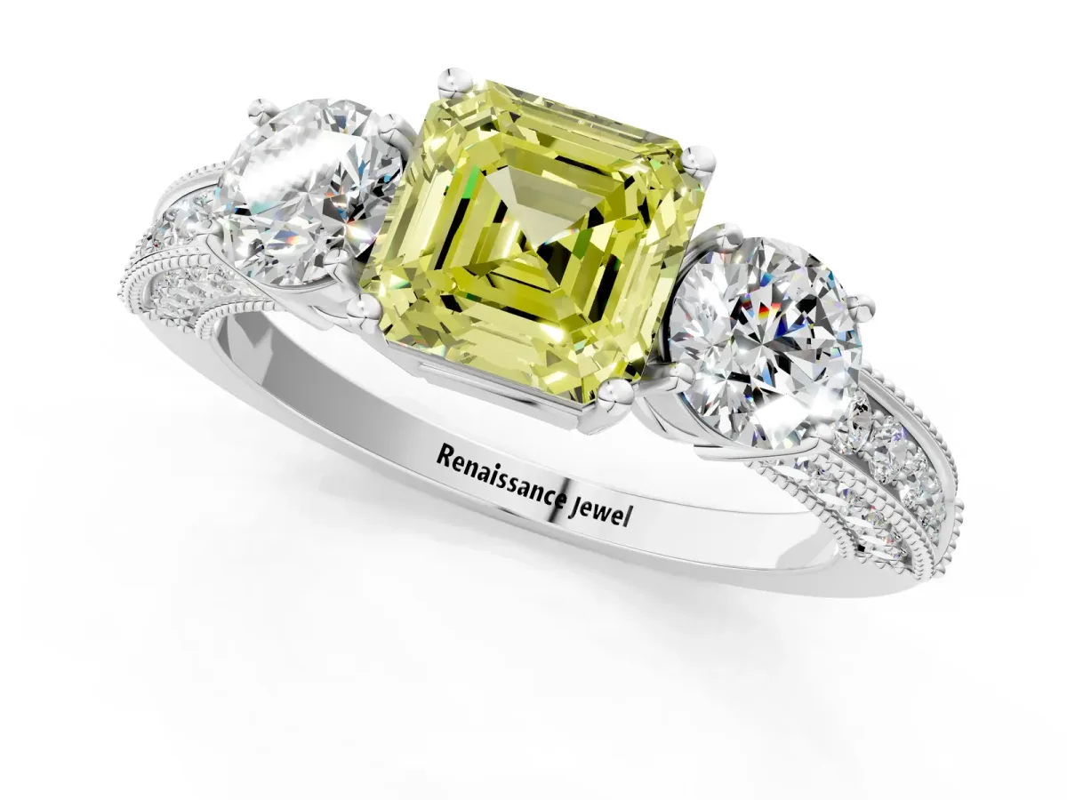 Fancy Yellow Asscher Cut Three-Stone Diamond Ring with Pavé Band and Four-Prong Setting Platinum