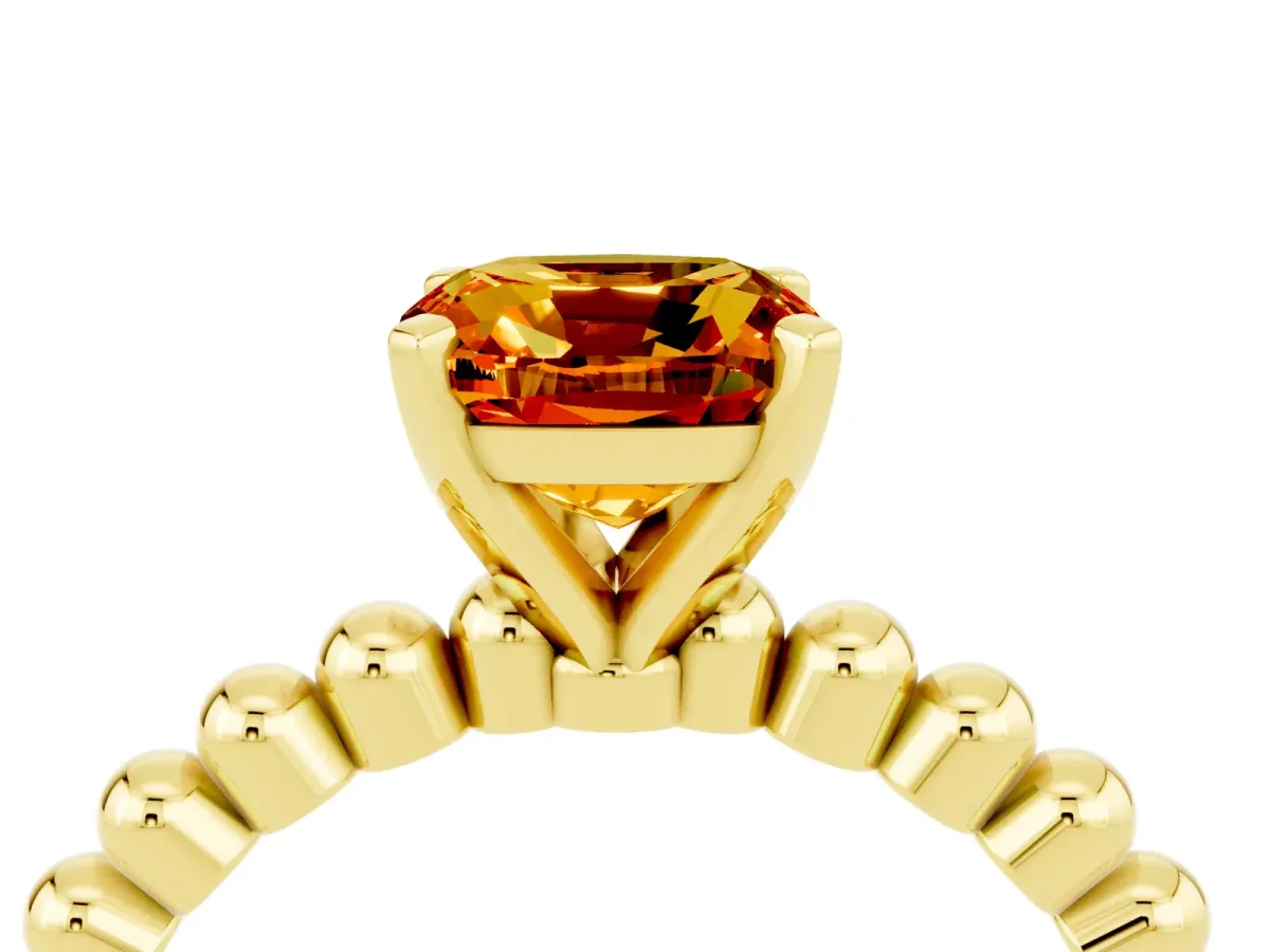 Cushion Cut Citrine Solitaire Ring with Beaded Band and Prong Setting Yellow gold