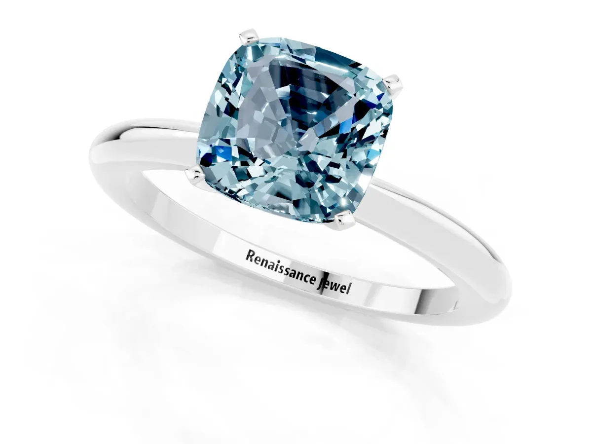 Cushion Cut Aquamarine Solitaire Ring with Six-Prong Setting and Classic Band Silver