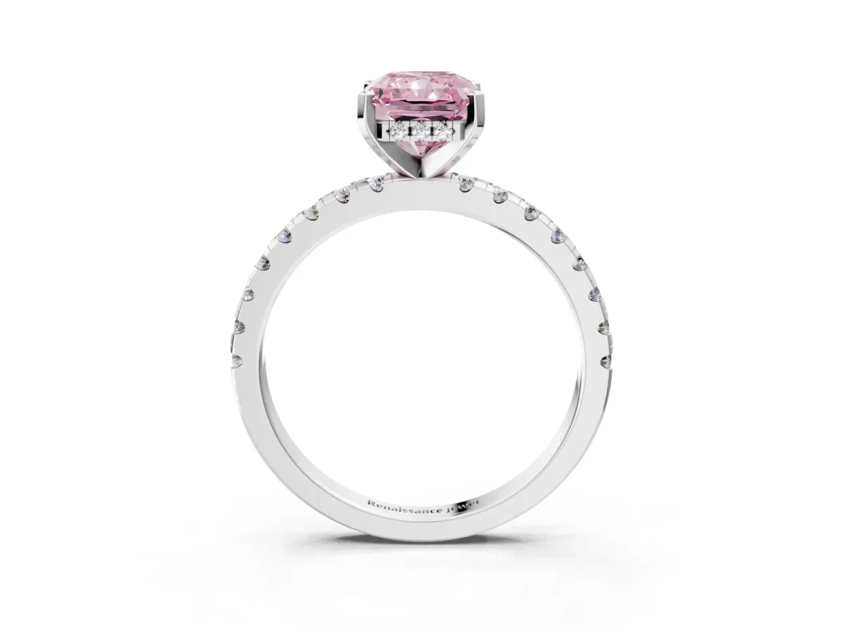 Fancy Pink Radiant Cut Diamond Solitaire Ring with Round Pavé Band and Four-Prong Setting Silver