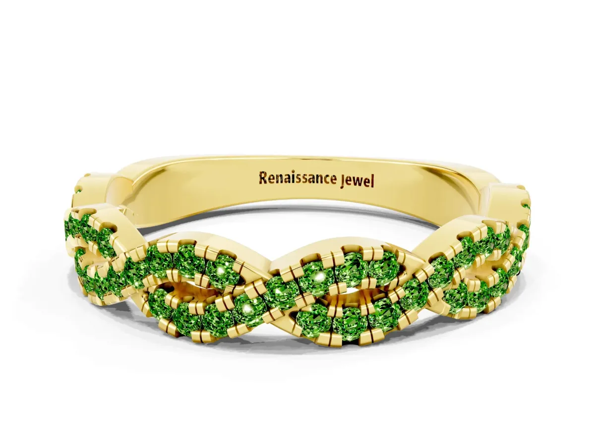 Round Peridot Twisted Eternity Band with Pavé and Shared Prong Setting Yellow gold