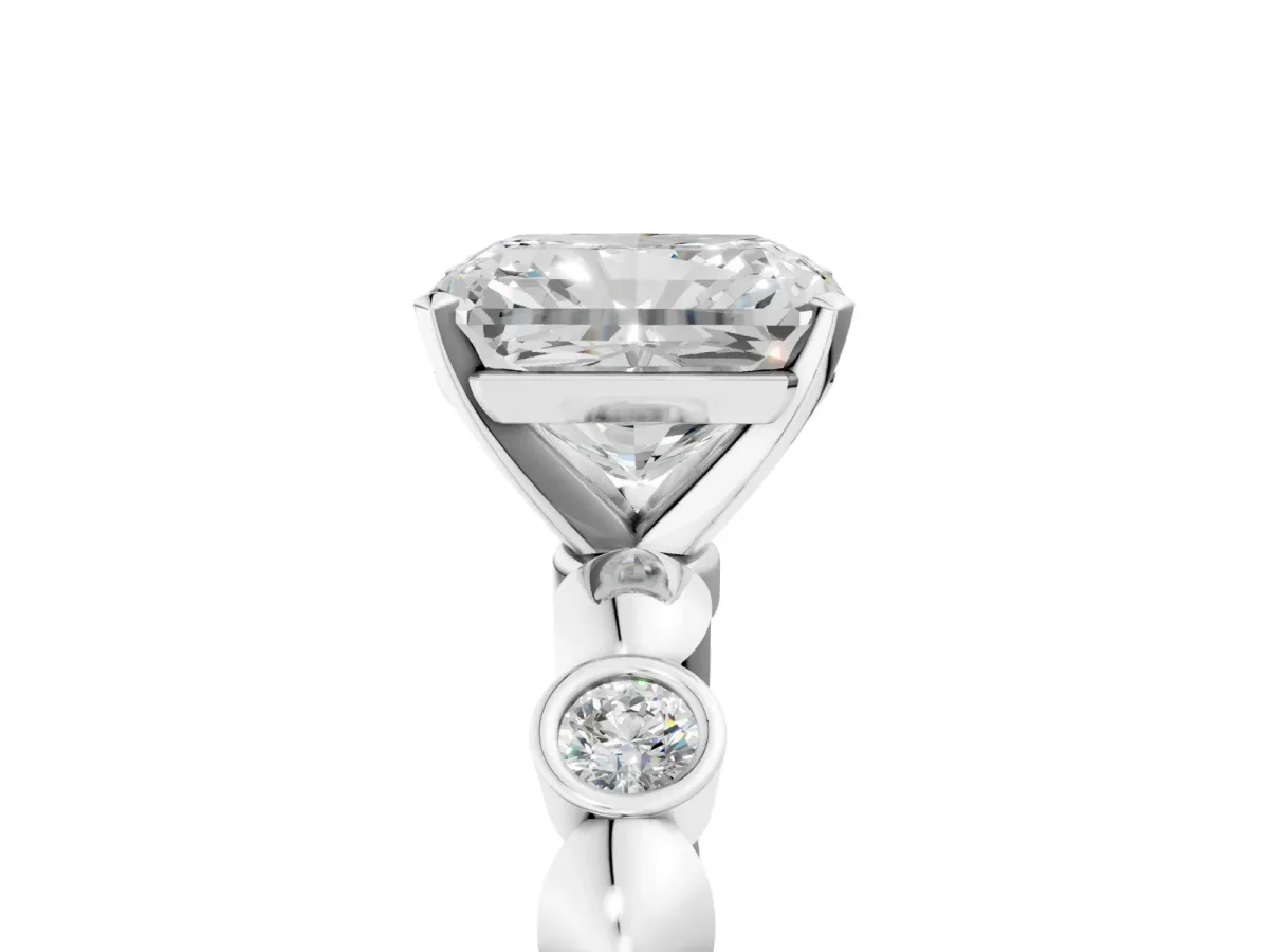 Radiant Cut Solitaire Bezel-Set Diamond Ring with Beaded Band and Four-Prong Setting Platinum