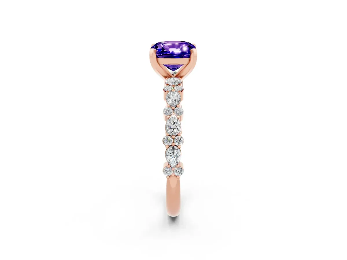 Cushion Cut Tanzanite Side Stone Solitaire Ring with Round and Four-Prong Setting Rose gold