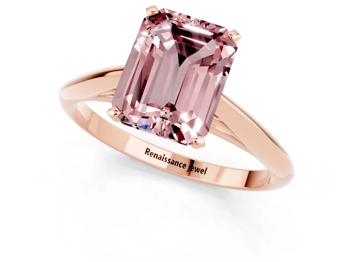 Emerald Cut Morganite Solitaire Engagement Ring with Cathedral Setting and Four-Prong Mount Rose gold