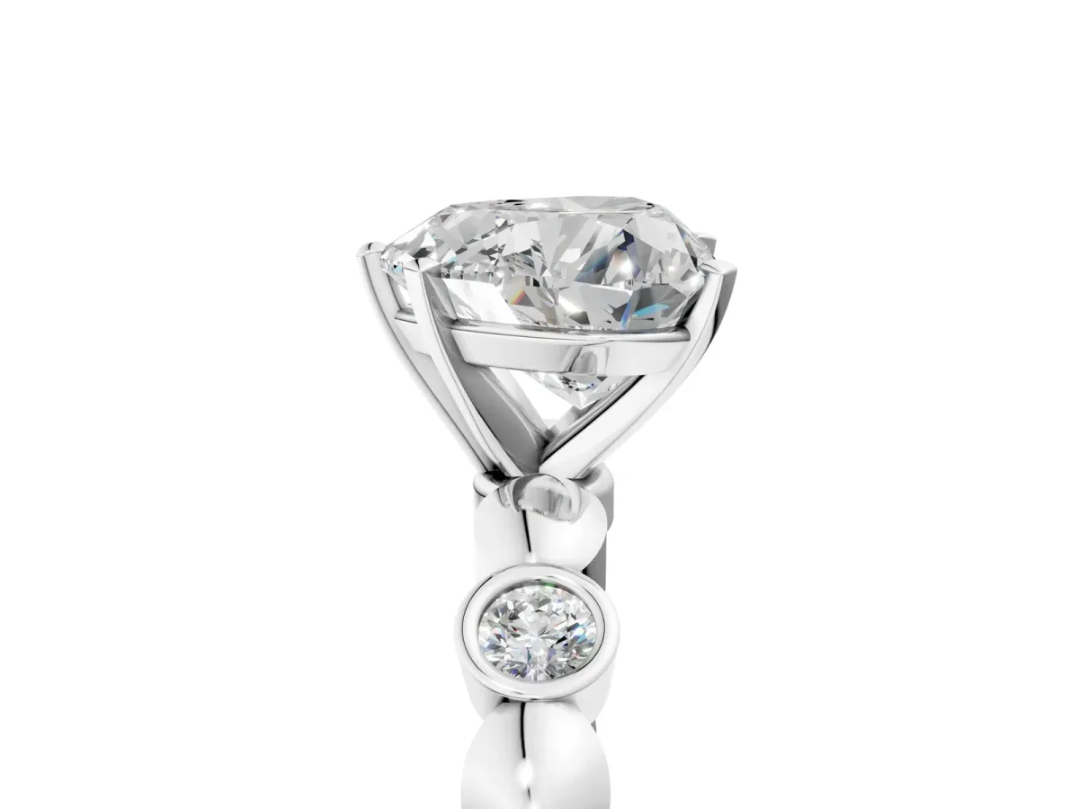 Heart Cut Solitaire Bezel-Set Diamond Ring with Beaded Band and Four-Prong Setting Silver