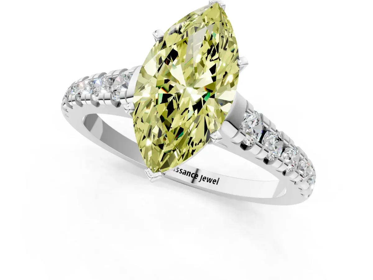Fancy Yellow Marquise Cut Diamond Cathedral Solitaire Ring with Round Pavé Band Silver